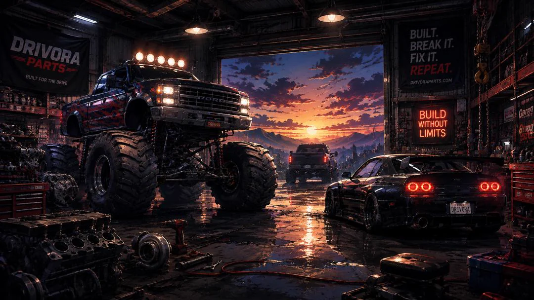 A DrivoraParts workshop at sunset: a lifted monster truck and a black performance car either side of an open roller door, with engines, tools and parts across the floor.