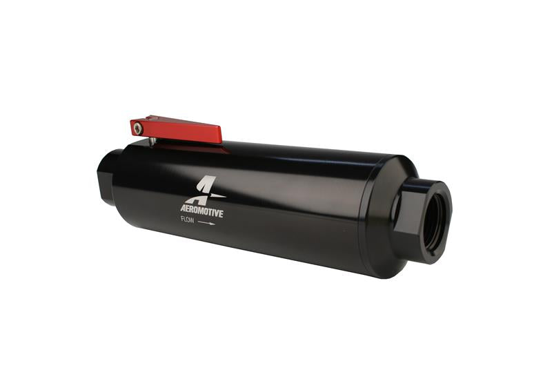 Aeromotive In-Line AN-12 Filter w/Shutoff Valve 100 Micron SS Element - Black Anodize Finish — image 1