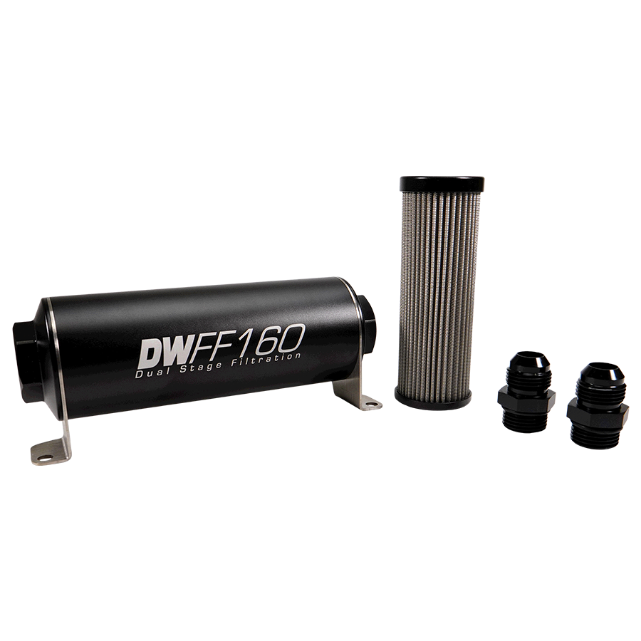 DeatschWerks Stainless Steel 8AN 10 Micron Universal Inline Fuel Filter Housing Kit (110mm)