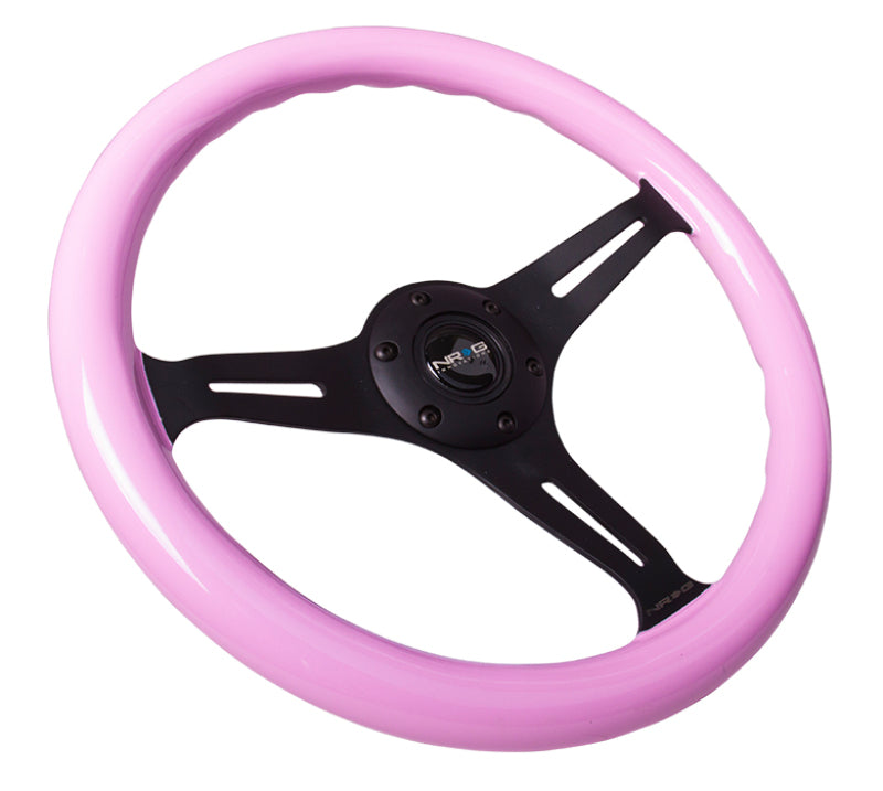 NRG Classic Wood Grain Steering Wheel (350mm) Solid Pink Painted Grip w/Black 3-Spoke Center — image 1