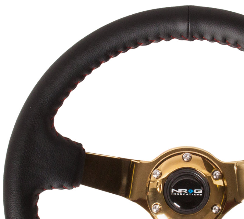 NRG Reinforced Steering Wheel (350mm / 3in. Deep) Blk Leather/Red BBall Stitch w/4mm Gold Spokes — image 1