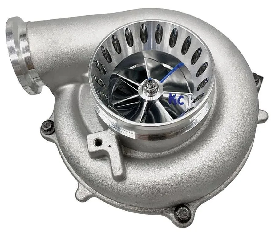 KC Turbos KC300x Stage 3 Drop-In 66/73 Turbocharger, Polished, aftermarket intake — 1994–1997 Ford OBS 7.3L Power Stroke — 300723